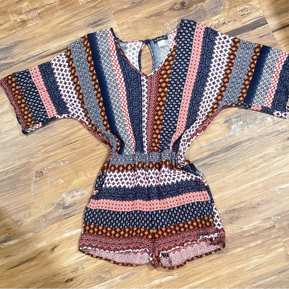 VENUS Multicolor Striped V-Neck Short Jumpsuit - Navy, Pink, Brown - Picture 4 of 11